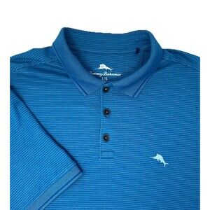 Tommy Bahama Men’s Large Polo Shirt Blue Striped Marlin Logo‎ Short Sleeve
